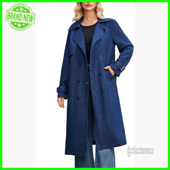 Long Denim Trench Coat Double Breasted Lapel Oversized Windproof Overcoat